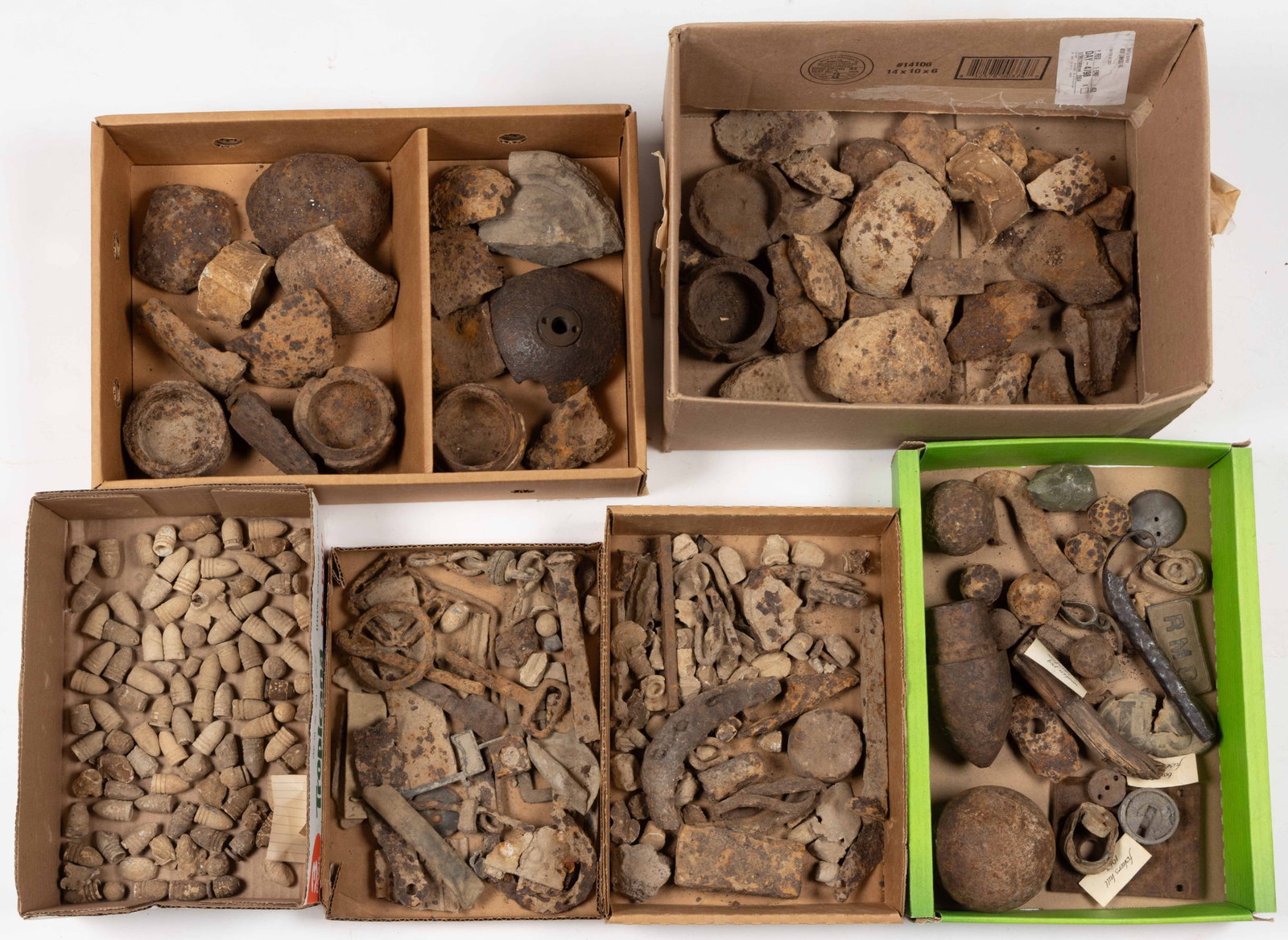 CIVIL WAR FISHER'S HILL, SHENANDOAH VALLEY OF VIRGINIA EXCAVATED ARTIFACTS IN SIX BOXES: CIVIL WAR FISHER'S HILL, SHENANDOAH VALLEY OF VIRGINIA EXCAVATED ARTIFACTS IN SIX BOXES, including 100+ bullets/musket balls, intact artillery shell, eight intact solid shot shells, shell and sabo