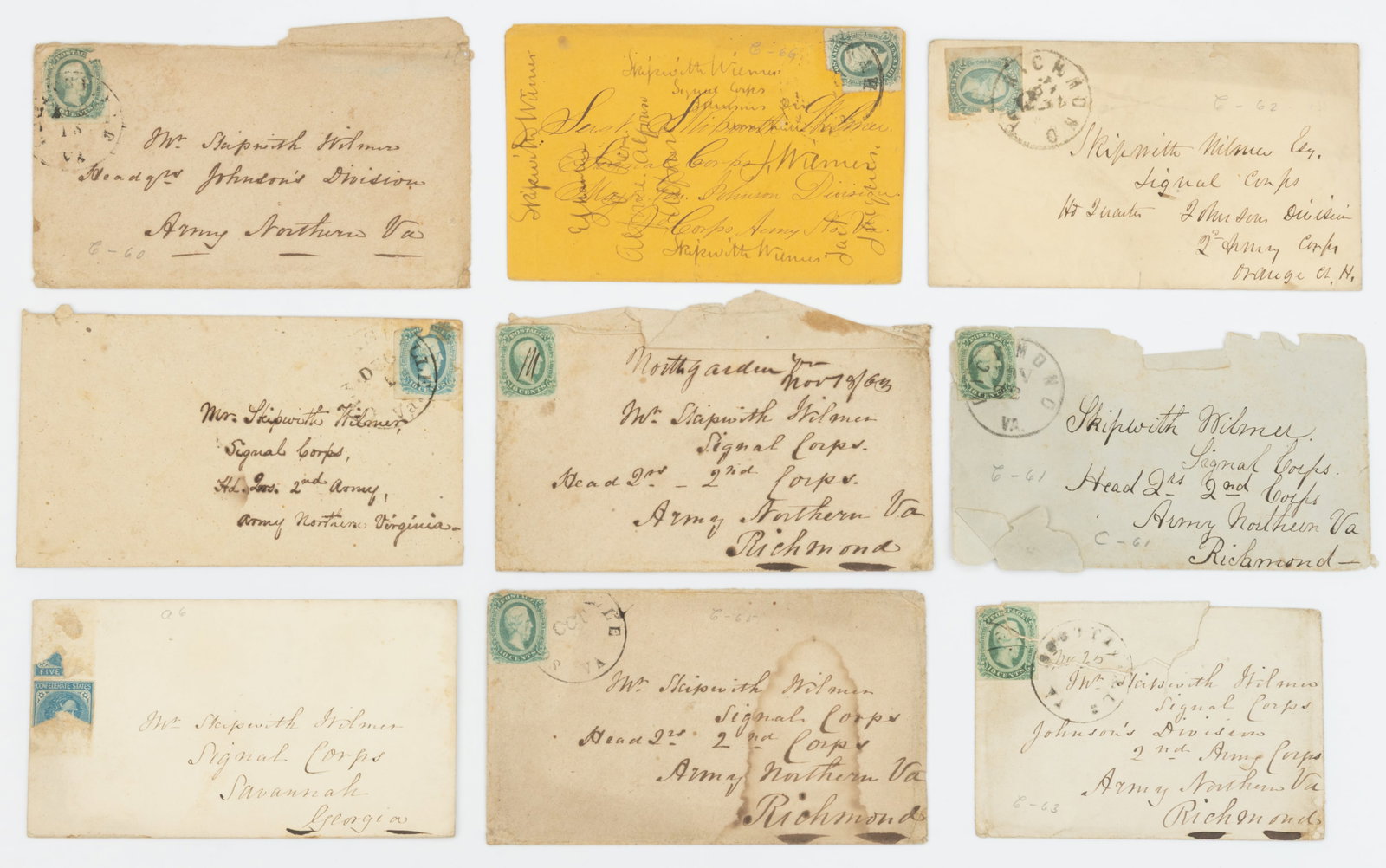 CIVIL WAR CONFEDERATE POSTAL COVERS TO IDENTIFIED SOLDIER, LOT OF NINE: CIVIL WAR CONFEDERATE POSTAL COVERS TO IDENTIFIED SOLDIER, LOT OF NINE, eight bearing a CSA 10-cent stamp and one bearing two partial CSA five-cent stamps, each addressed to Skipwith Wilmer, Signal Co
