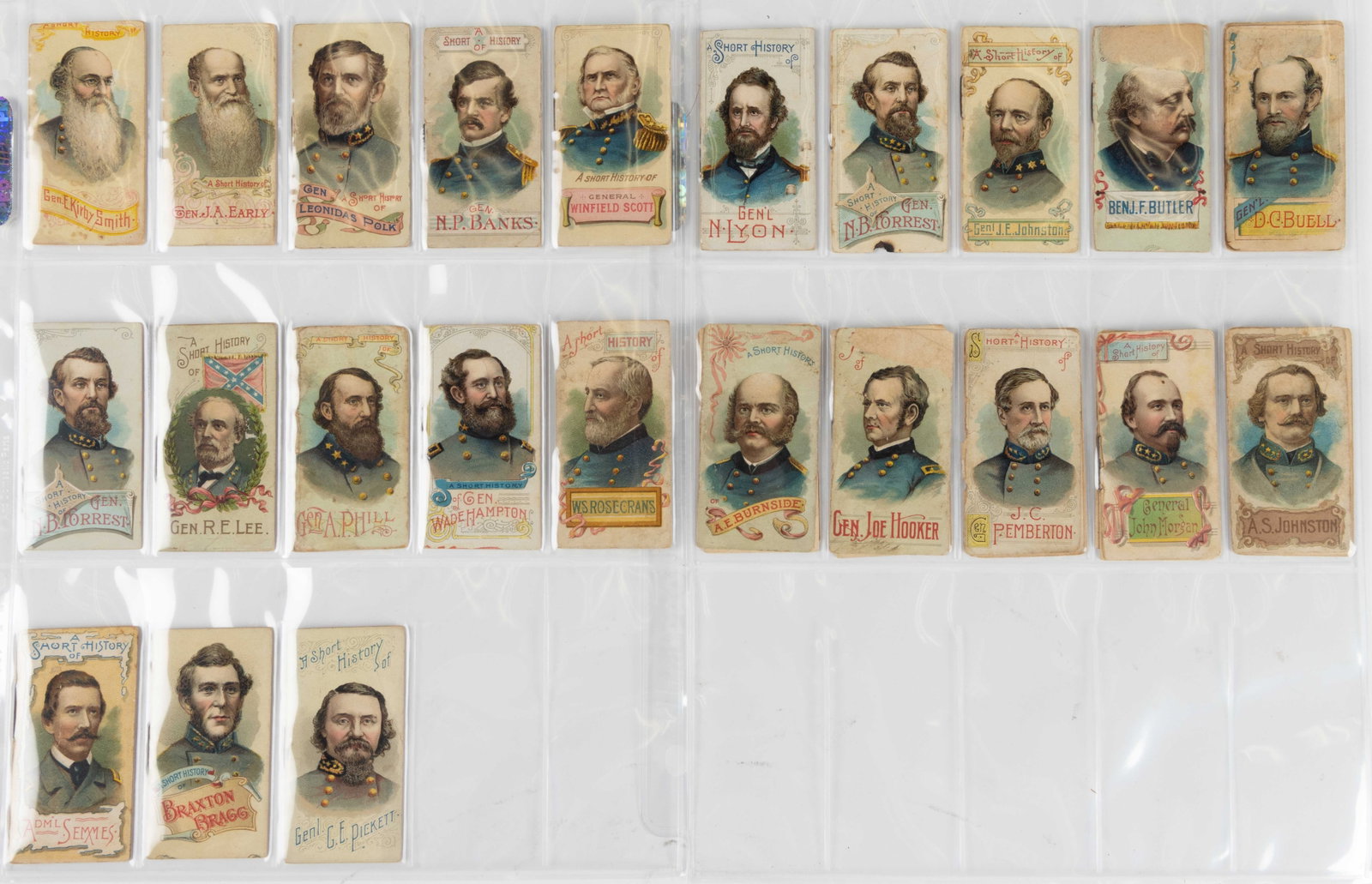 CIVIL WAR DUKE'S CIGARETTES ADVERTISING HISTORY OF GENERALS SERIES, LOT OF 23: CIVIL WAR DUKE'S CIGARETTES ADVERTISING HISTORY OF GENERALS SERIES, LOT OF 23, each 16-page mini-booklet with color lithographed wraps, comprising 15 Confederate generals, including R. E. Lee, J. 