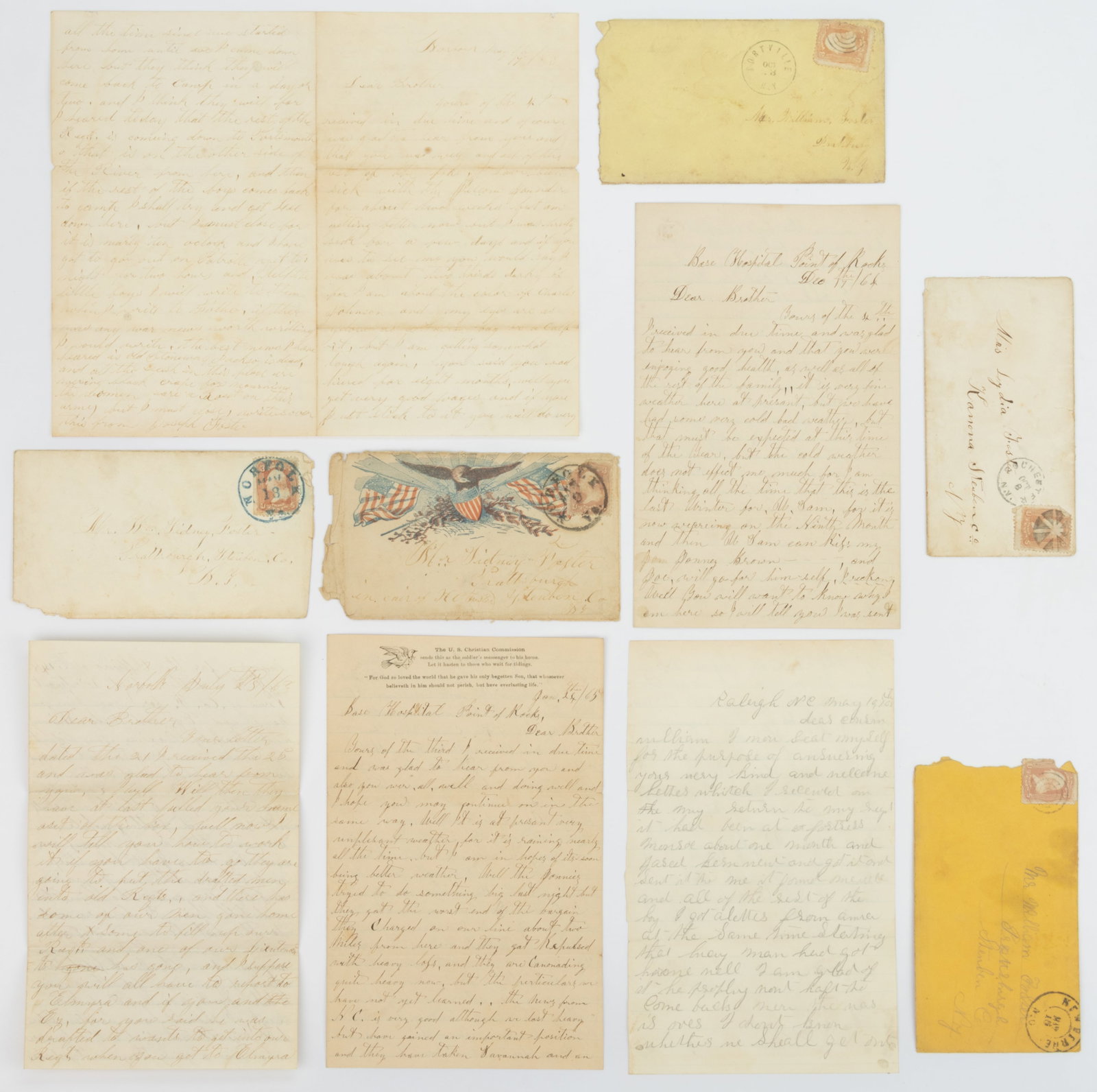 CIVIL WAR FOSTER FAMILY, NEW YORK LETTERS AND POSTAL COVERS, LOT OF TEN: CIVIL WAR FOSTER FAMILY, NEW YORK LETTERS AND POSTAL COVERS, LOT OF TEN, comprising four four-page letters, three with their original cover, written by Joseph Chauncey Foster (1838-1913), Co. F, 148th