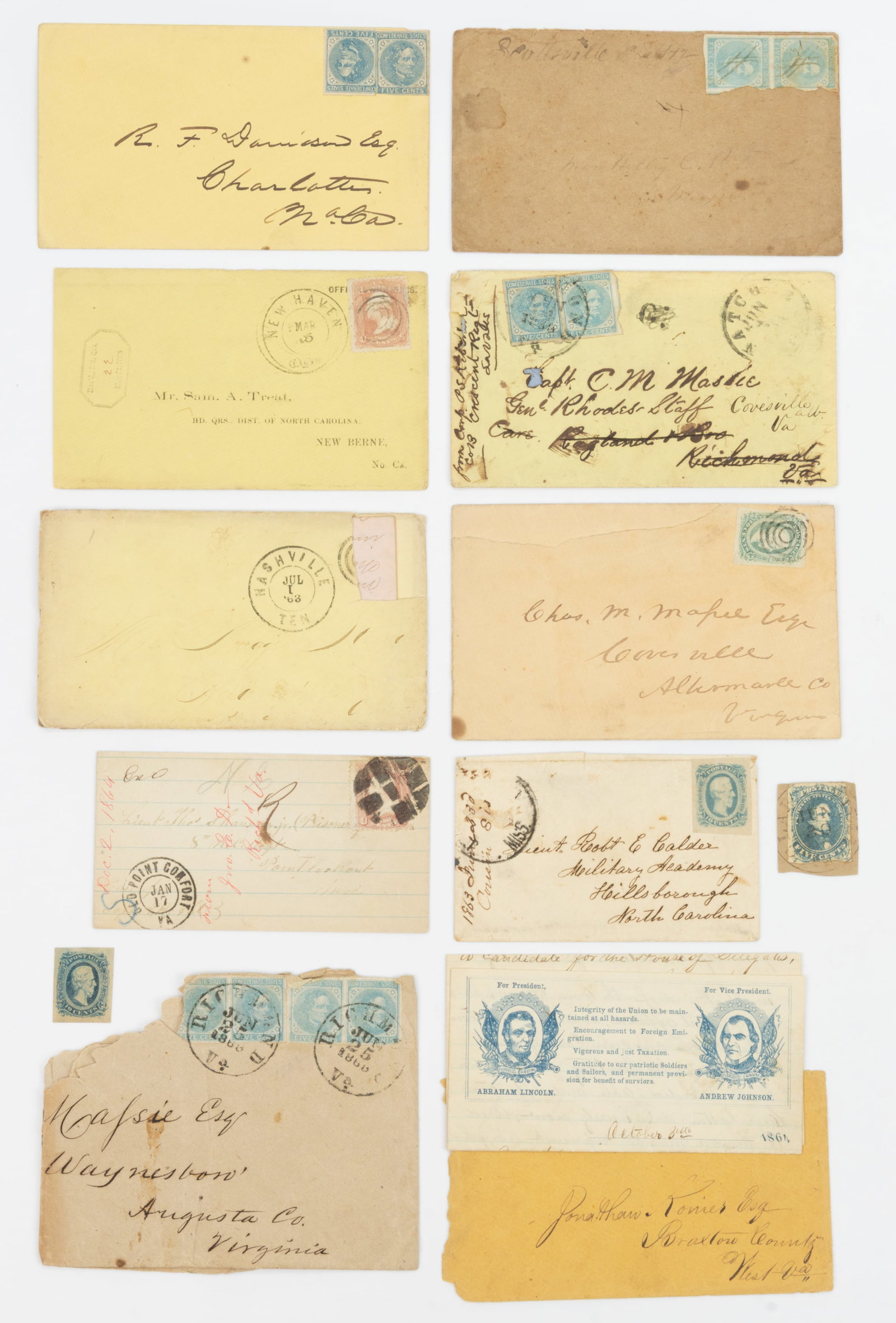 CIVIL WAR CONFEDERATE AND UNION POSTAL COVERS AND STAMPS, LOT OF 12: CIVIL WAR CONFEDERATE AND UNION POSTAL COVERS AND STAMPS, LOT OF 12, comprising six Confederate covers with stamps (one with letter), two loose CSA stamps, and four Union covers, two with stamps (one 