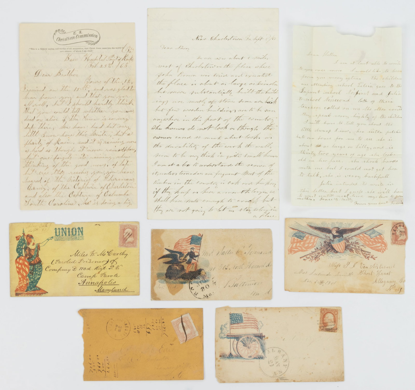 CIVIL WAR UNION LETTERS AND POSTAL COVERS, LOT OF EIGHT: CIVIL WAR UNION LETTERS AND POSTAL COVERS, LOT OF EIGHT, comprising a Feb. 23, 1865 letter written from Base Hospital at Point of Rocks, VA by Joe Bowers to his brother containing war news; a Sept. 8,