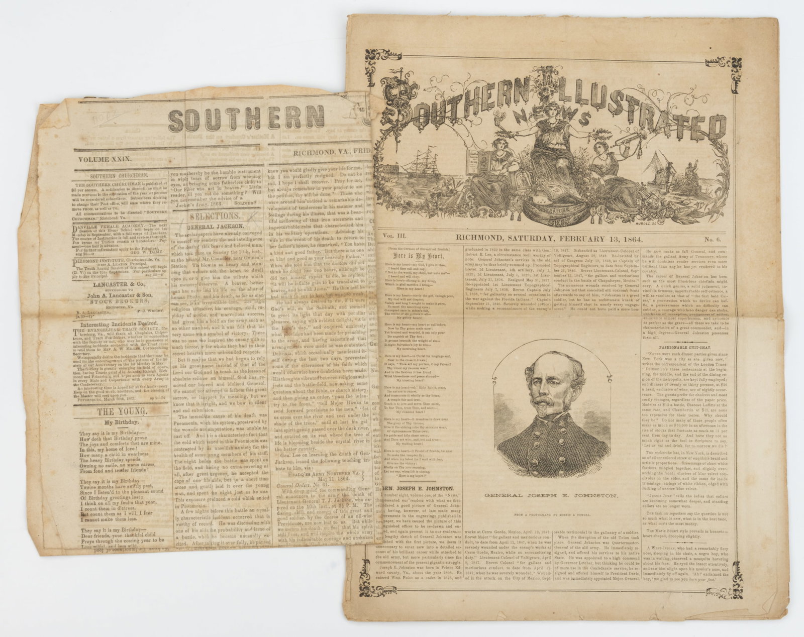 CIVIL WAR CONFEDERATE IMPRINT VIRGINIA NEWSPAPERS, LOT OF TWO: CIVIL WAR CONFEDERATE IMPRINT VIRGINIA NEWSPAPERS, LOT OF TWO, (1) Southern Churchman, Richmond, May 15, 1863, focuses on the death of Gen. Stonewall Jackson; and (2) The Southern 