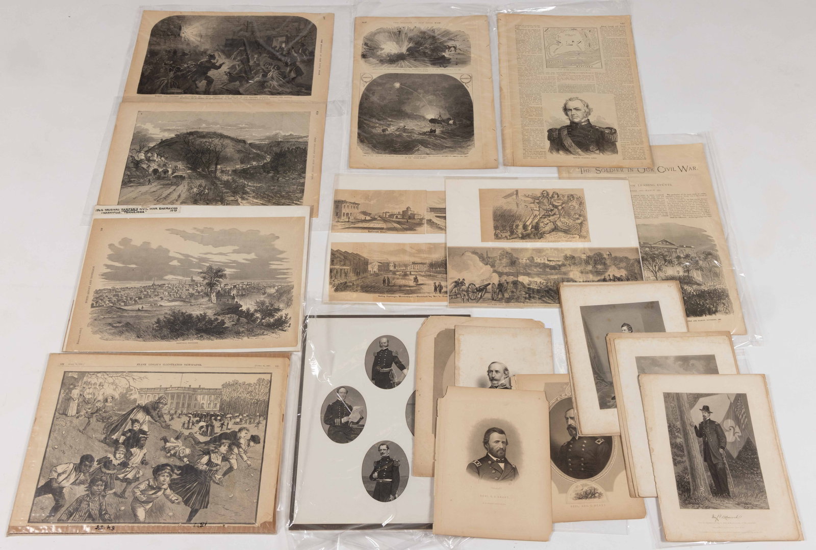 CIVIL WAR BATTLE ILLUSTRATIONS AND PORTRAIT ENGRAVINGS, LOT OF 34: CIVIL WAR BATTLE ILLUSTRATIONS AND PORTRAIT ENGRAVINGS, LOT OF 34, four being double-page. Illustrations include Harper's Ferry, Monitor/Merrimack, Lincoln's First Cabinet, Nashville, etc