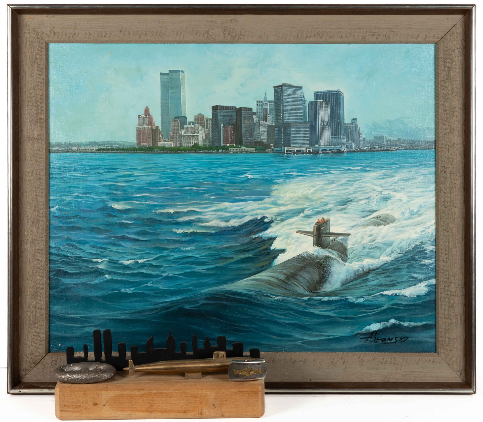 USS NEW YORK CITY SUBMARINE RELICS / ARTICLES, LOT OF TWO: USS NEW YORK CITY SUBMARINE RELICS / ARTICLES, LOT OF TWO, comprising an oil painting on canvas depicting a submarine, presumably the USS New York City in the water surrounding New York City, NY, sign