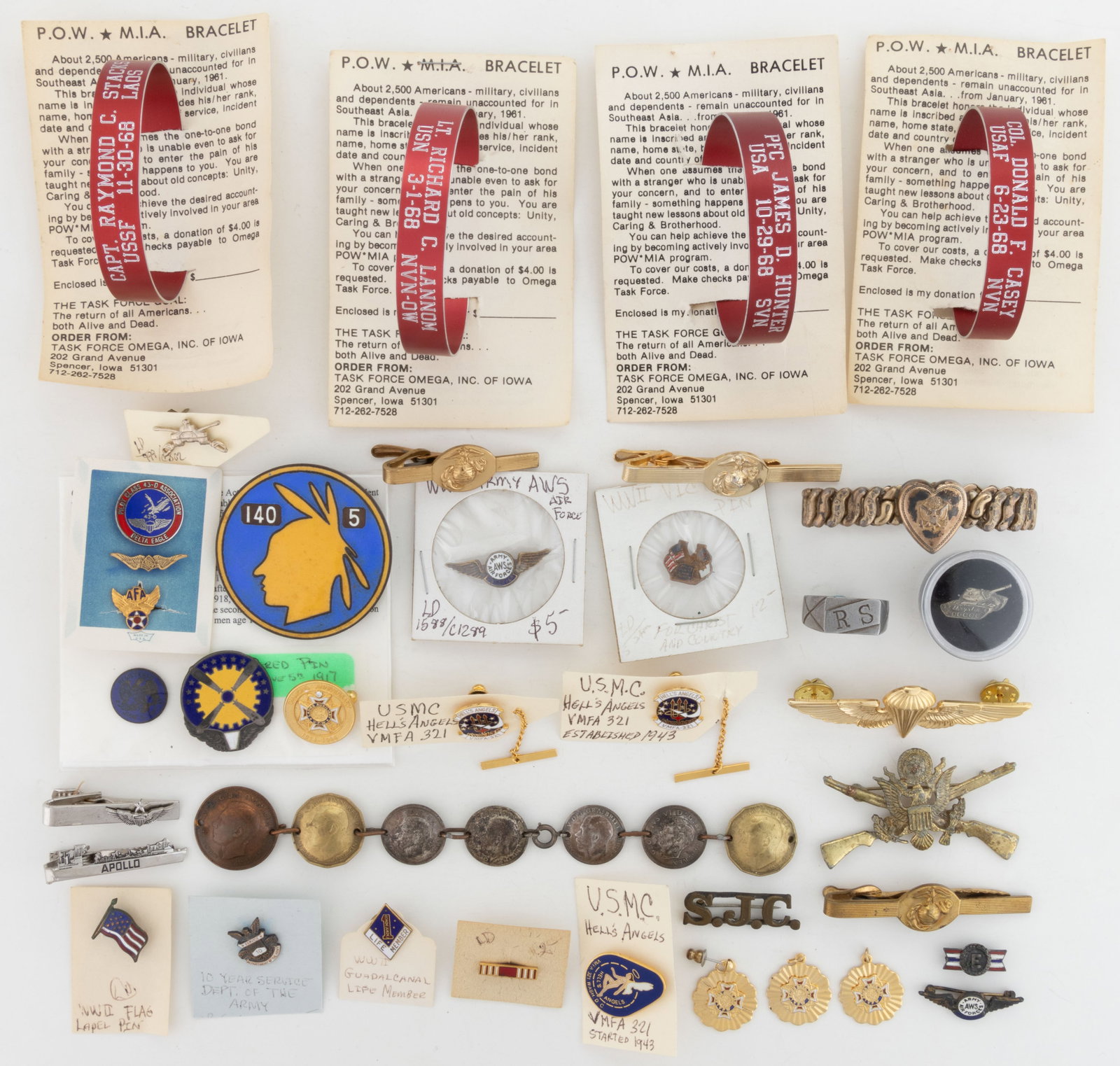 ASSORTED MILITARY JEWELRY AND OTHER ARTICLES, LOT OF 38: ASSORTED MILITARY JEWELRY AND OTHER ARTICLES, LOT OF 38, including sterling and enamel WWII US Army Air Corps pine; other enameled pins; tie bars; four Vietnam MIA/POW bracelets; etc. 20th century. Va