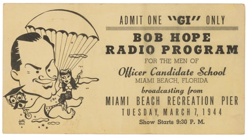RARE WORLD WAR II BOB HOPE RADIO PROGRAM TICKET POST CARD