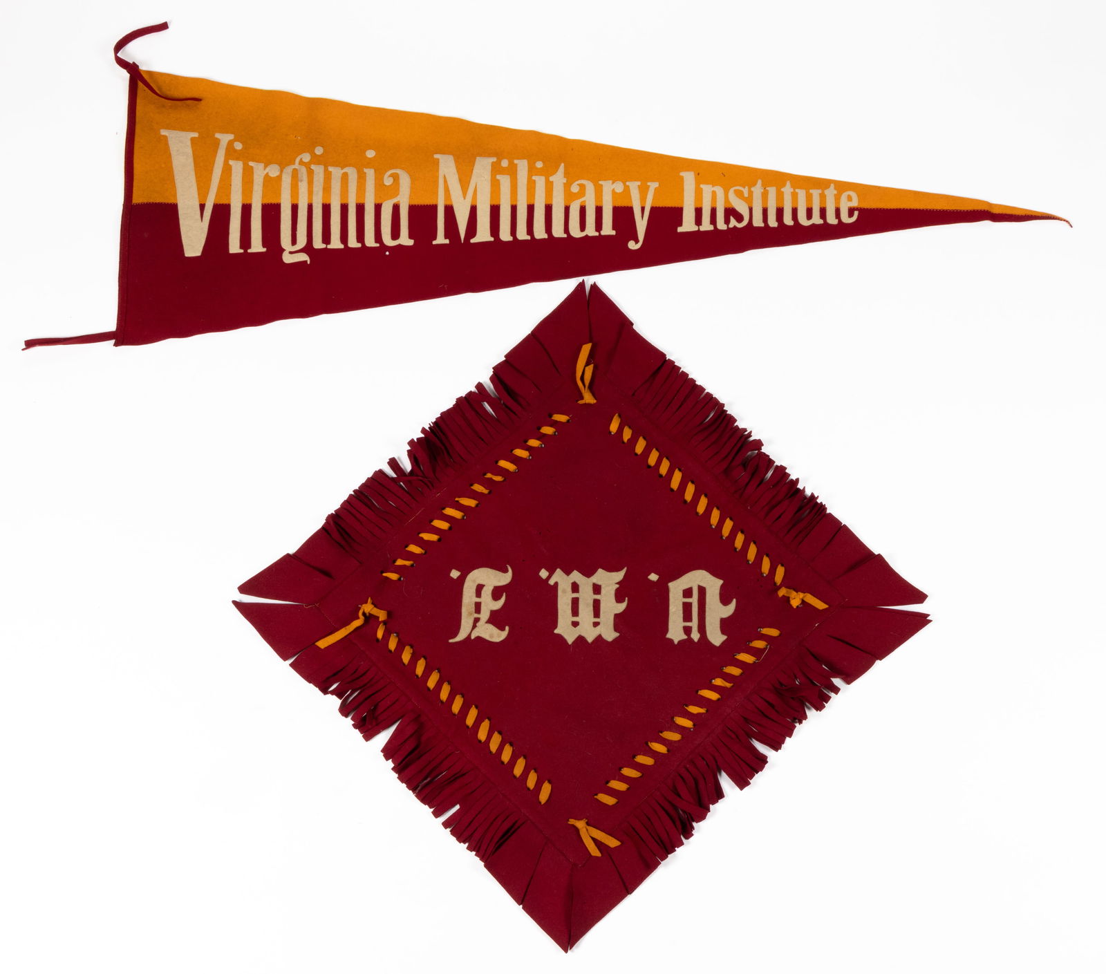 VIRGINIA MILITARY INSTITUTE, LEXINGTON, SHENANDOAH VALLEY OF VIRGINIA FELT SOUVENIRS, LOT OF TWO: VIRGINIA MILITARY INSTITUTE, LEXINGTON, SHENANDOAH VALLEY OF VIRGINIA FELT SOUVENIRS, LOT OF TWO, comprising a large pennant and a large pillow cover with fringe edges. First quarter 20th century. 26&