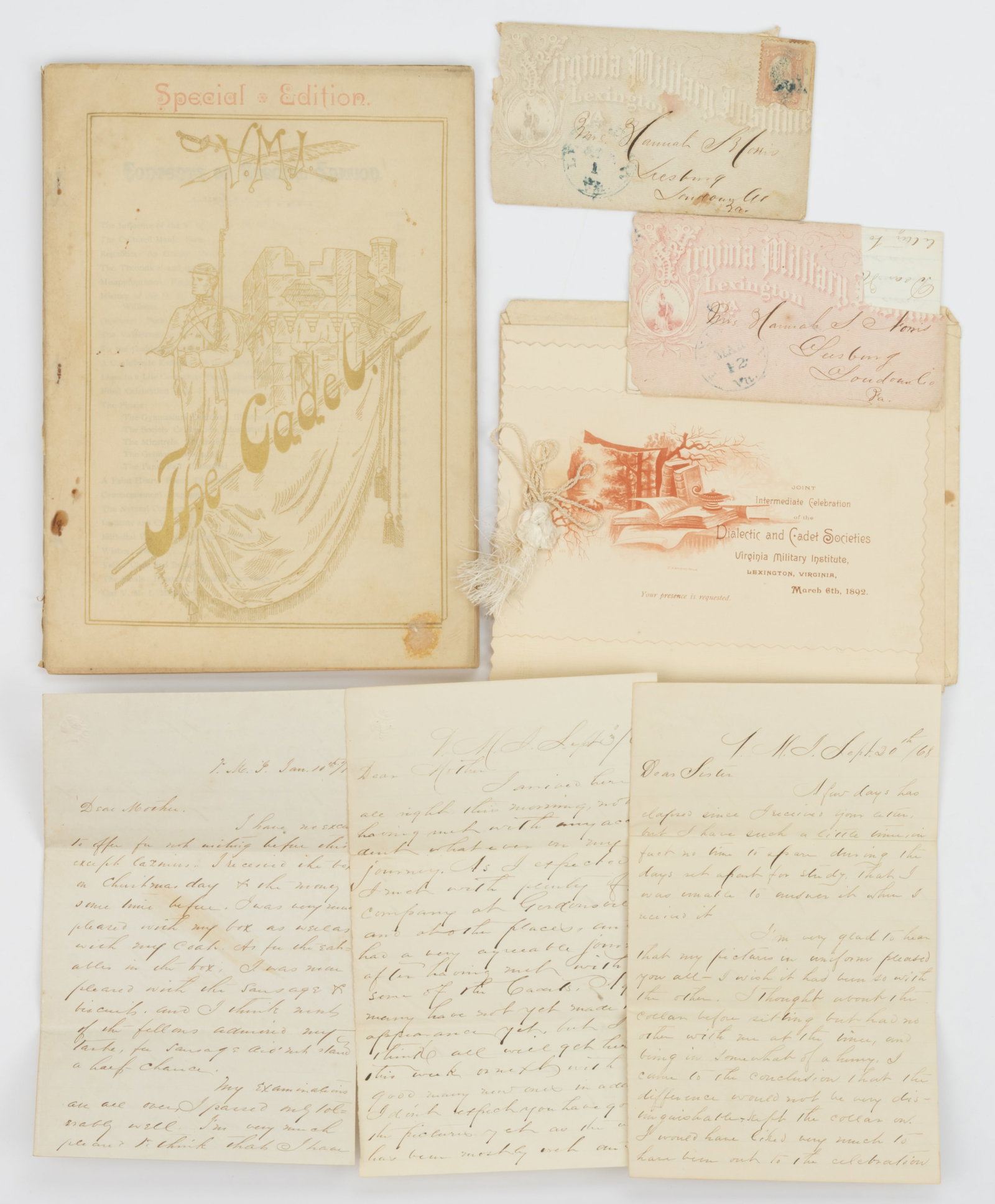 VIRGINIA MILITARY INSTITUTE, LEXINGTON, SHENANDOAH VALLEY OF VIRGINIA ARCHIVAL MATERIAL, LOT OF: VIRGINIA MILITARY INSTITUTE, LEXINGTON, SHENANDOAH VALLEY OF VIRGINIA ARCHIVAL MATERIAL, LOT OF SEVEN, comprising an 1892 two-part invitation to a "Joint Intermediate Celebration of the Dialectic