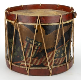 RARE AMERICAN CIVIL WAR-PERIOD PAINT-DECORATED ROPE-TENSION SNARE DRUM