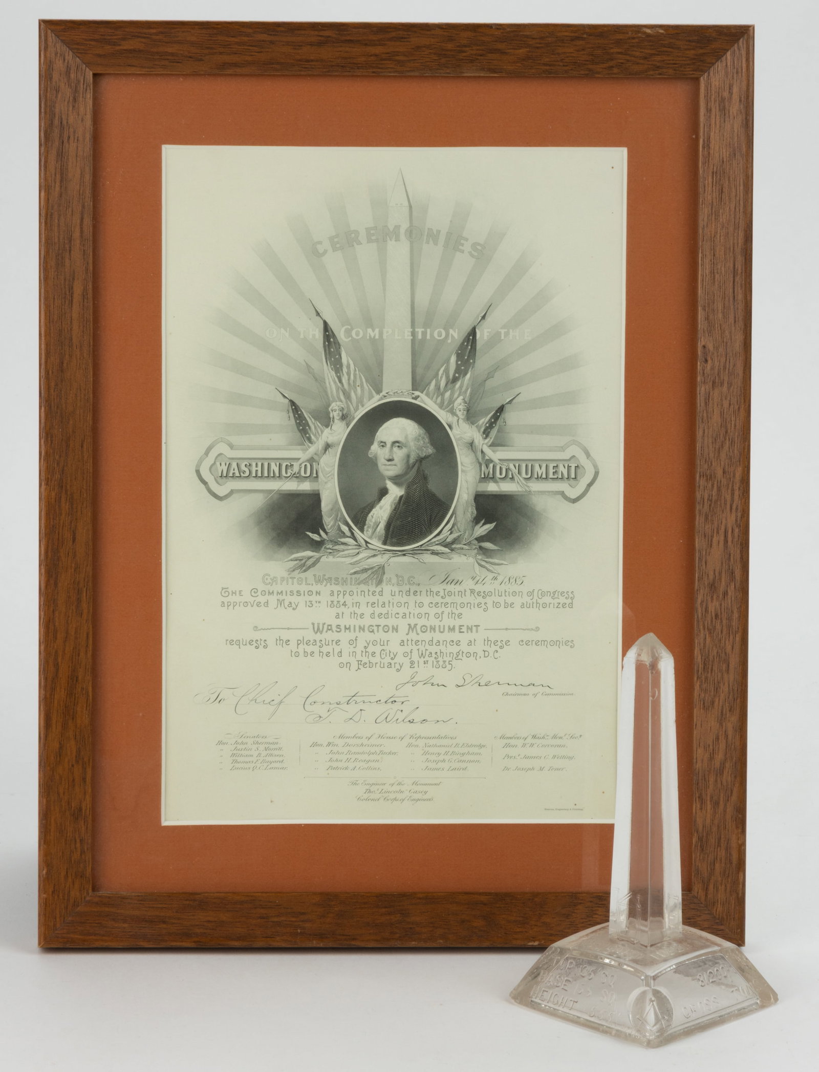 WASHINGTON MONUMENT, WASHINGTON, DC DEDICATION INVITATION AND GLASS PAPERWEIGHT, LOT OF TWO: WASHINGTON MONUMENT, WASHINGTON, DC DEDICATION INVITATION AND GLASS PAPERWEIGHT, LOT OF TWO, (1) "Ceremonies on the Completion of the Washington Monument, Capitol, Washington, D.C., Jan. 14t