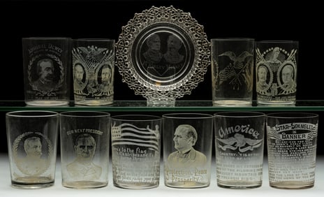 ASSORTED HISTORICAL ETCHED GLASS TUMBLERS AND PLATE, LOT OF 11