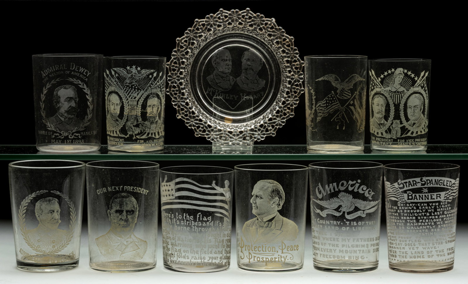 ASSORTED HISTORICAL ETCHED GLASS TUMBLERS AND PLATE, LOT OF 11: ASSORTED HISTORICAL ETCHED GLASS TUMBLERS AND PLATE, LOT OF 11, colorless, including a Taft/Sherman jugate tumbler, a Bryan/Kern jugate tumbler, a Dewey/Schley jugate tumbler, an "Our Next Presid