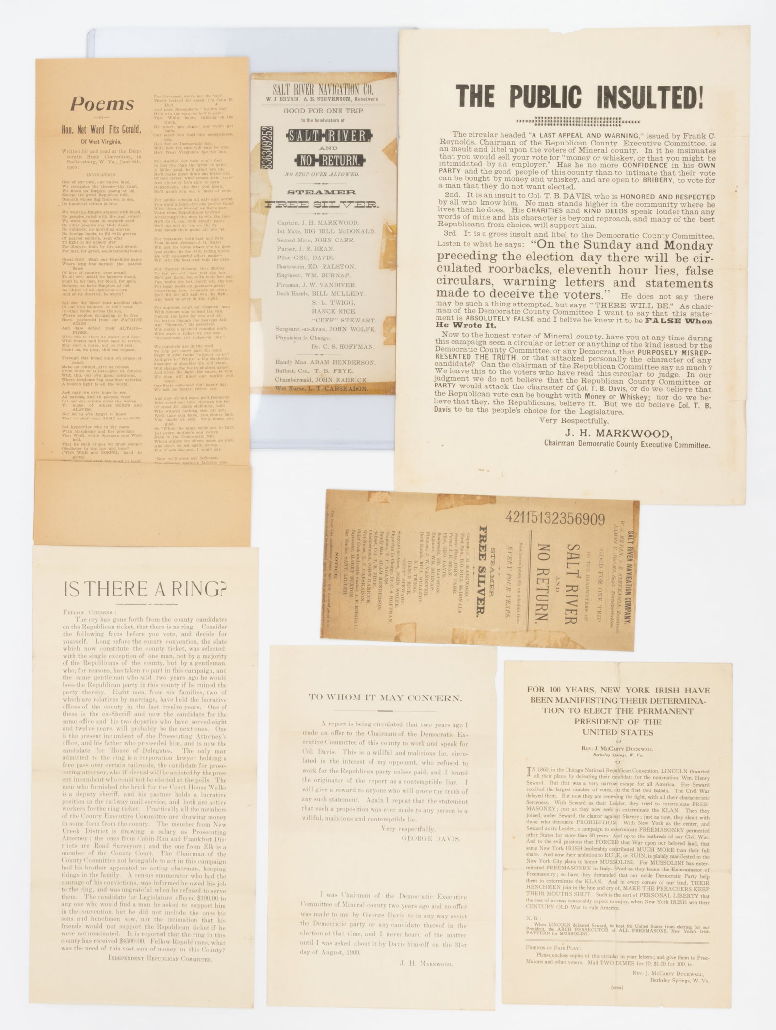 WEST VIRGINIA AND OTHER POLITICAL BROADSIDES AND PRINTED MATERIALS, LOT OF SEVEN: WEST VIRGINIA AND OTHER POLITICAL BROADSIDES AND PRINTED MATERIALS, LOT OF SEVEN, assorted propaganda, including anti-Irish, selling votes for whiskey, etc. Late 19th/early 20th century. 12 1/2" 