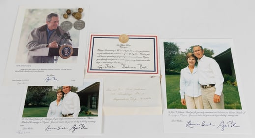 PRESIDENTS BUSH SIGNED ARTICLES AND MILITARY ITEMS, LOT OF 11