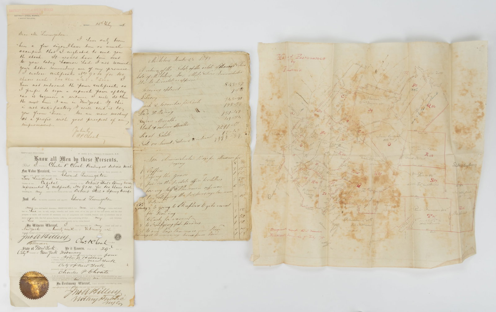 ASSORTED AMERICAN 19TH CENTURY MANUSCRIPTS, LOT OF FOUR: ASSORTED AMERICAN 19TH CENTURY MANUSCRIPTS, LOT OF FOUR, comprising a 13-page estate settlement for Thomas Nelson III, Plymouth Co., Massachusetts, detailing inventories, settlements, etc.; an 1884 le