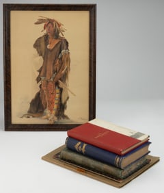 ANTIQUARIAN NATIVE AMERICAN HISTORICAL VOLUMES AND FRAMED PRINT, LOT OF FIVE