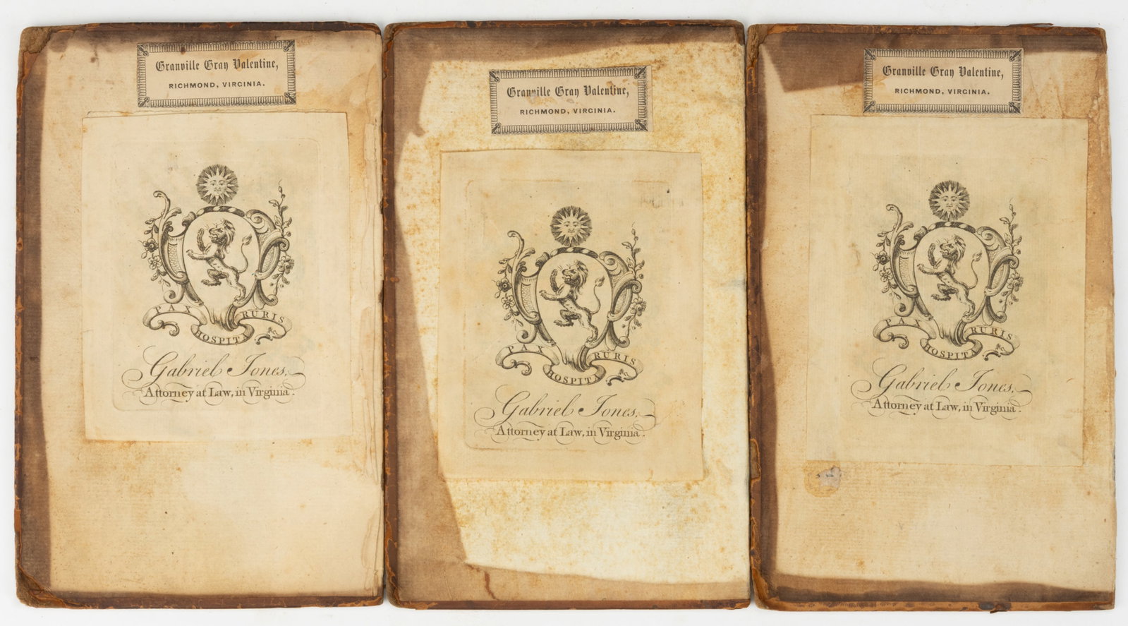 SHENANDOAH VALLEY OF VIRGINIA COLONIAL BOOKPLATES, LOT OF THREE: SHENANDOAH VALLEY OF VIRGINIA COLONIAL BOOKPLATES, LOT OF THREE, for Gabriel Jones (1724-1806), "Attorney at Law, in Virginia." Each on the front pastedown of various volumes of The His