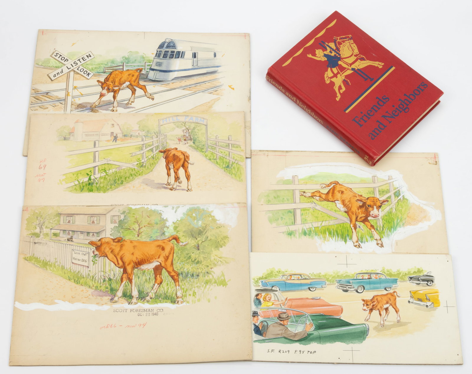 DICK AND JANE CHILDREN'S SERIES ORIGINAL ILLUSTRATION BOARDS AND BOOK, LOT OF SIX: DICK AND JANE CHILDREN'S SERIES ORIGINAL ILLUSTRATION BOARDS AND BOOK, LOT OF SIX, Ellen Barbara Segner (American, 1901-2001) and Keith Ward (American, 1906-2000), mixed media on artist's boar