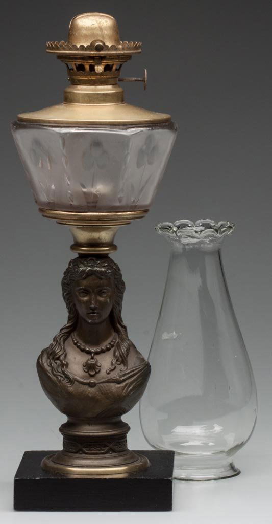 E. MILLER & CO. NO. 606 FIGURAL STEM STAND LAMP: E. MILLER & CO. NO. 606 FIGURAL STEM STAND LAMP cut and frosted eight-panel font with floral stem pattern, stem depicting a young woman's bust, slate base painted black, brass connector, No. 2 collar