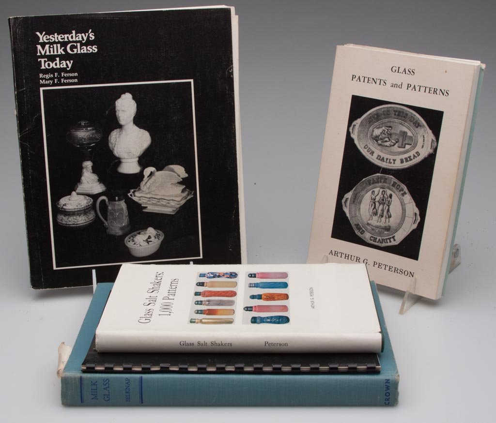 VARIOUS GLASS REFERENCE VOLUMES, LOT OF FIVE: VARIOUS GLASS REFERENCE VOLUMES, LOT OF FIVE including Peterson, "Glass Patents and Patterns" and "Glass Salt Shakers: 1,000 Patterns" and Ferson, "Yesterday's Milk Glass Today". Hard and soft covers.