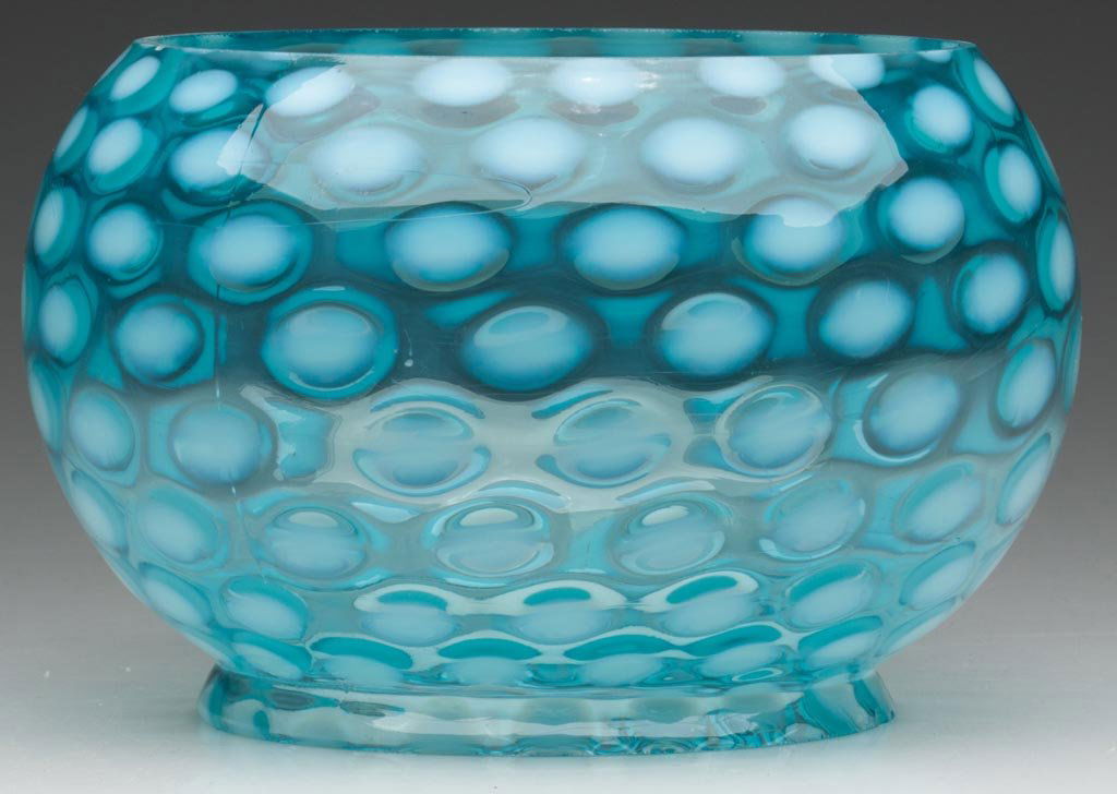 HOBBS NO. 326 WINDOWS / COIN DOT SHADE: HOBBS NO. 326 WINDOWS / COIN DOT SHADE, Sapphire opalescent/blue opalescent, squat form. Hobbs, Brockunier & Co. Fourth quarter 19th century. 4 7/8" H, 5" D fitter. Literature: Bredehofts - Hobbs, p.