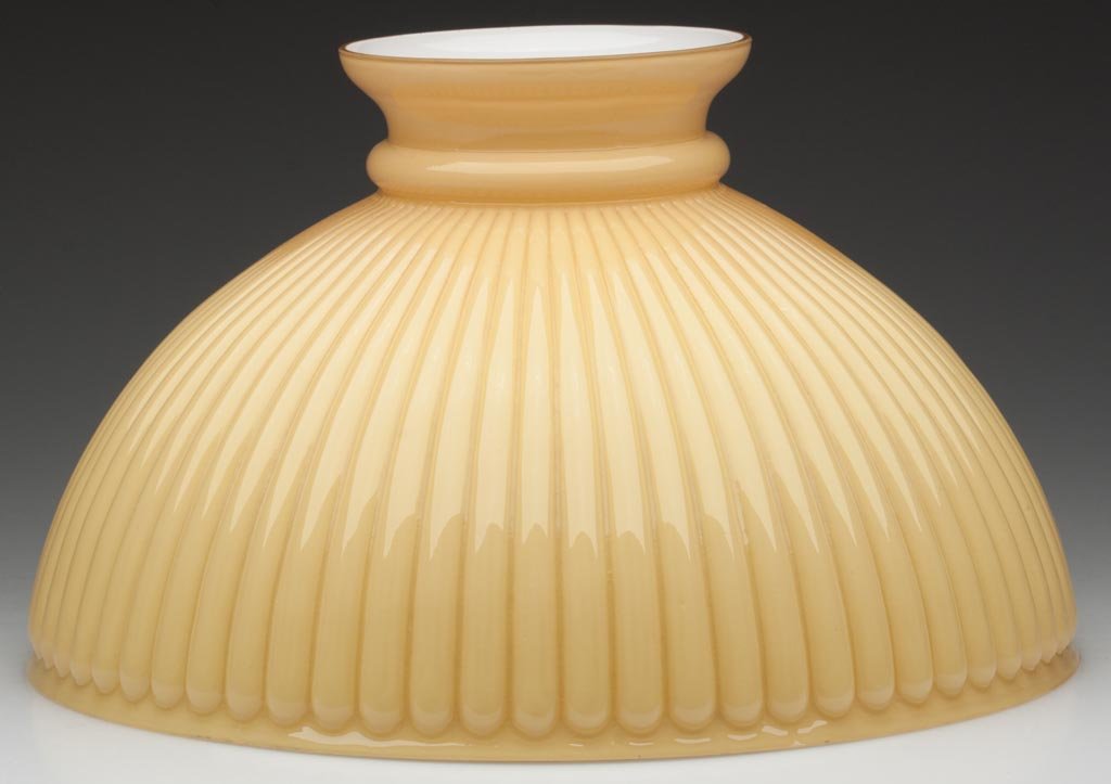 NARROW STRAIGHT RIBBED SHADE: NARROW STRAIGHT RIBBED SHADE, cased mustard yellow, umbrella form. Late 19th/early 20th century. 7" H, 12" D fitter. Literature: Parallels Miller/Solverson - Student Lamps of the Victorian Era, p. 108