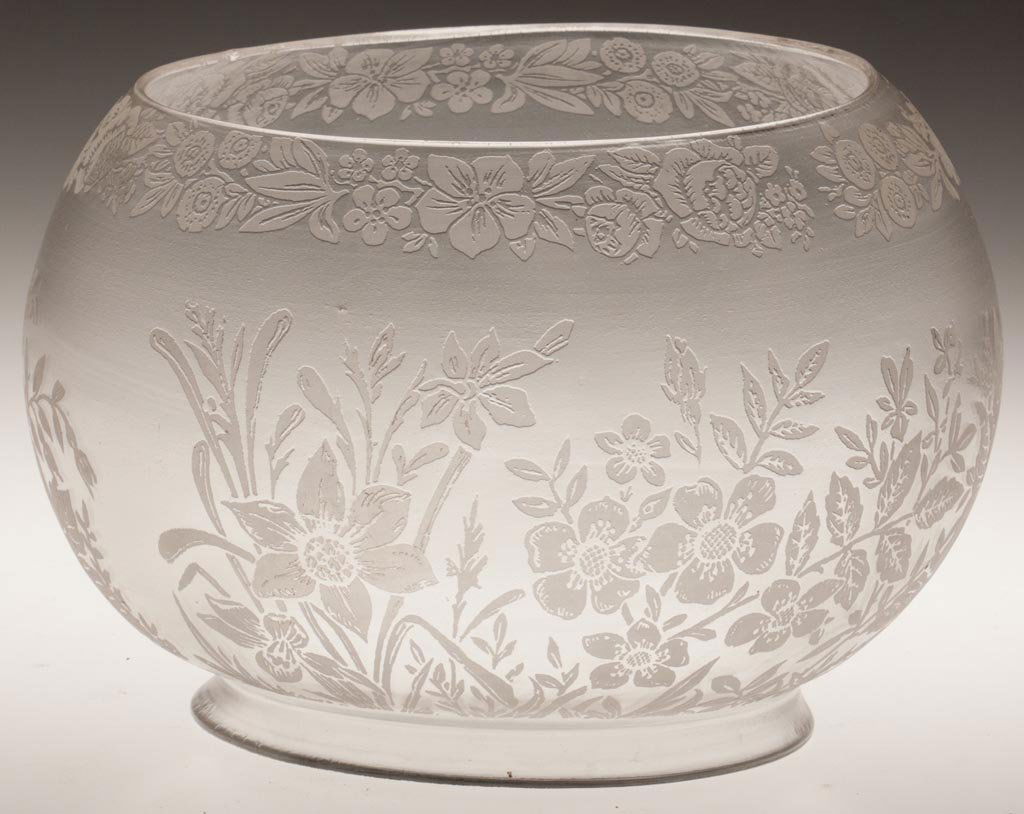 FROSTED AND DEEP ACID-ETCHED SQUAT-FORM SHADE: FROSTED AND DEEP ACID-ETCHED SQUAT-FORM SHADE, colorless, floral band over flowers and foliage pattern. Fourth quarter 19th century. 5 3/8" H, 4 7/8" D fitter. Literature: Parallels Thuro III, p. 248b
