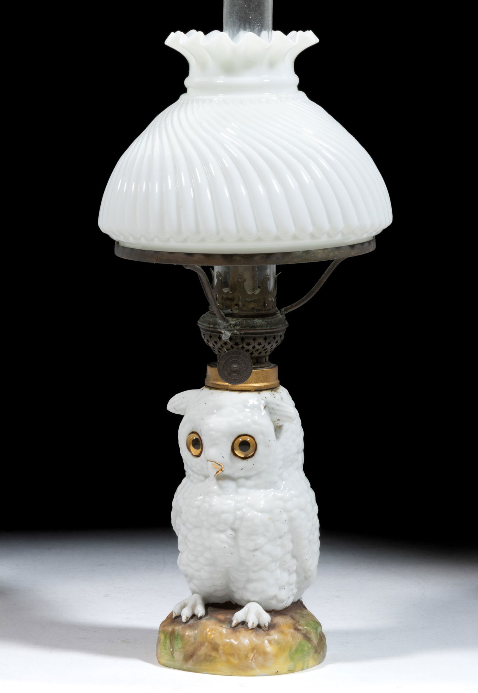 GERMAN E. B. SOHNE PORCELAIN OWL FIGURAL MINIATURE LAMP