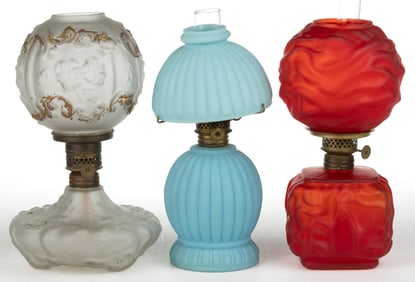 ASSORTED SATIN GLASS MINIATURE LAMPS, LOT OF THREE