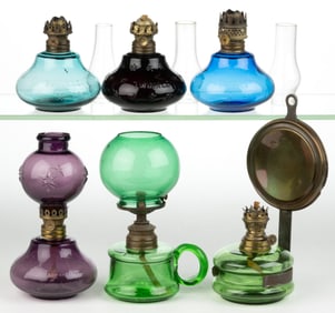 ASSORTED COLORED GLASS MINIATURE LAMPS, LOT OF SIX