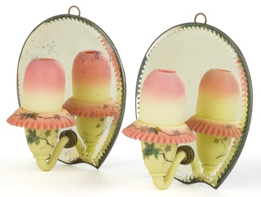 THOMAS WEBB BURMESE "IVY" DECORATED FAIRY LAMP WALL-MOUNT MIRRORED SCONCES, PAIR
