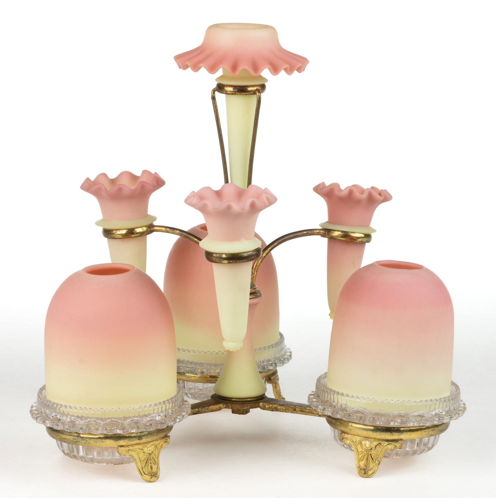 THOMAS WEBB BURMESE EPERGNE FAIRY LAMP: THOMAS WEBB BURMESE EPERGNE FAIRY LAMP, plush finish fairy-size domes and vases, multi-part construction comprising a gilded brass triple-arm epergne, central large bud vase over three&