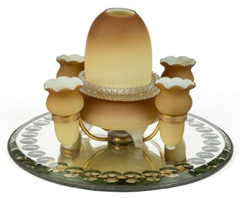 CHOCOLATE PEACHBLOW / CASED SATIN GLASS AND MIRRORED PLATEAU EPERGNE FAIRY LAMP