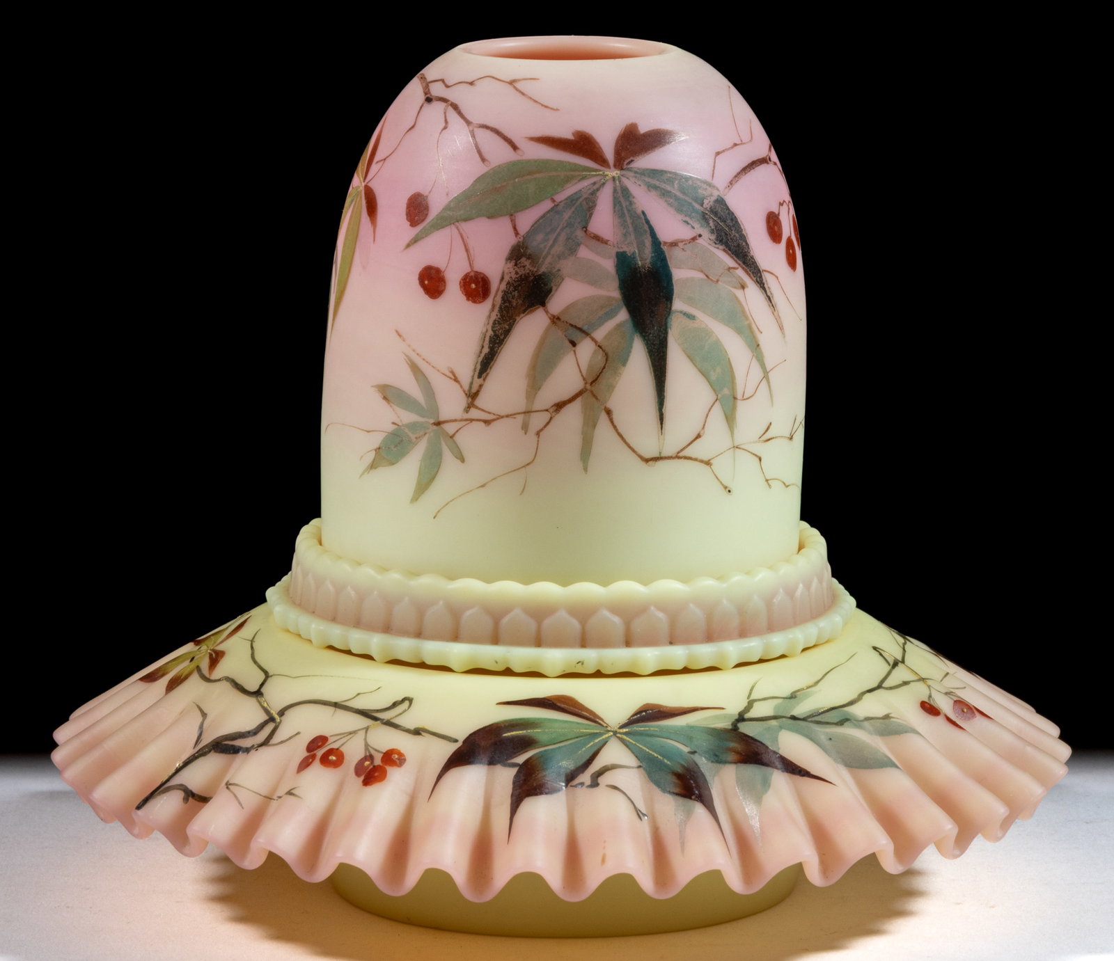 THOMAS WEBB BURMESE "WOODBINE" DECORATED FAIRY LAMP: THOMAS WEBB BURMESE "WOODBINE" DECORATED FAIRY LAMP, plush finish fairy-size dome with decoration, four-part construction comprising the dome fitted on a Burmese Clarke's ribbe