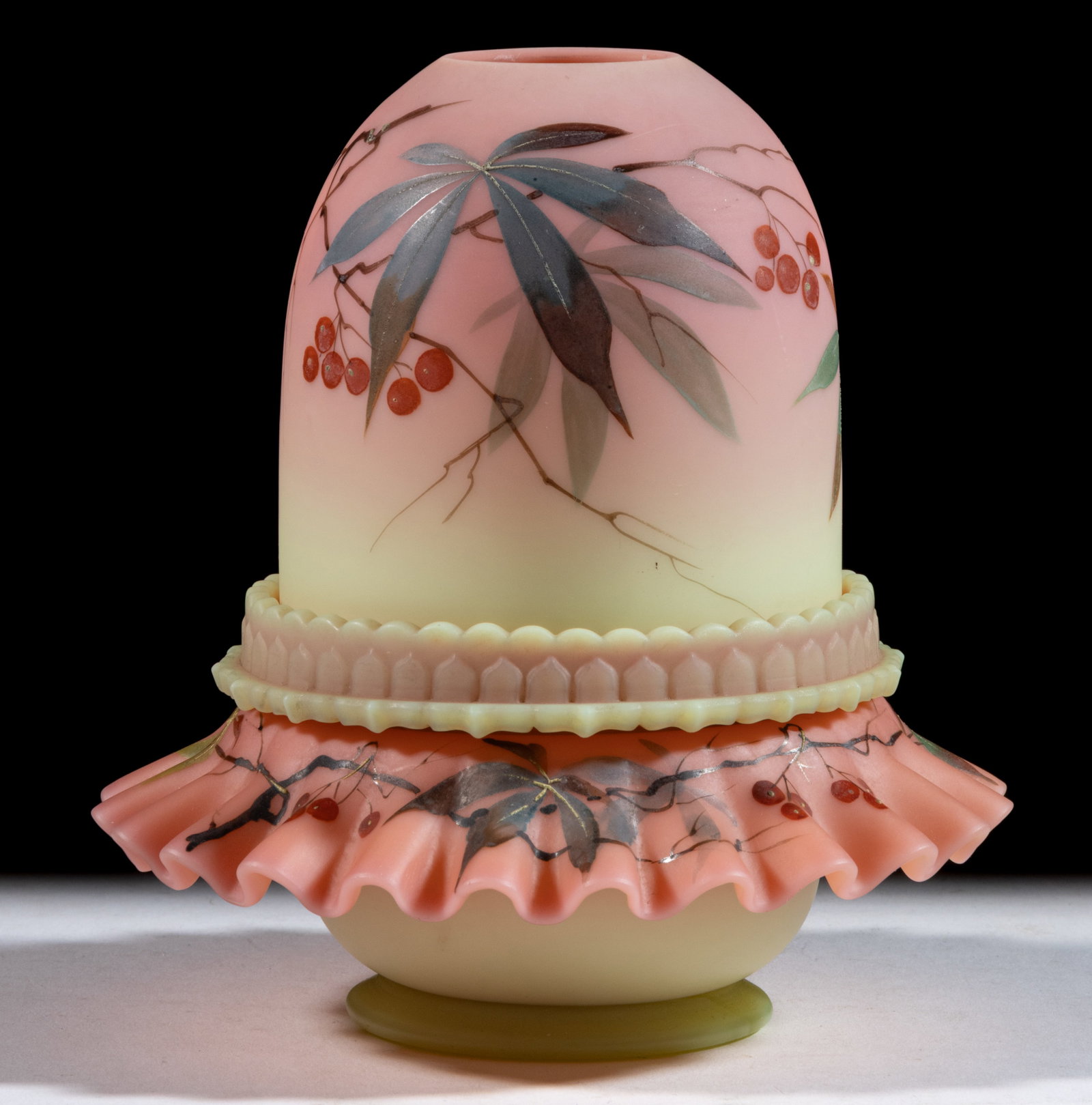 THOMAS WEBB BURMESE "WOODBINE" DECORATED FAIRY LAMP: THOMAS WEBB BURMESE "WOODBINE" DECORATED FAIRY LAMP, plush finish fairy-size dome with decoration, four-part construction comprising the dome fitted on a Burmese Clarke's ribbe