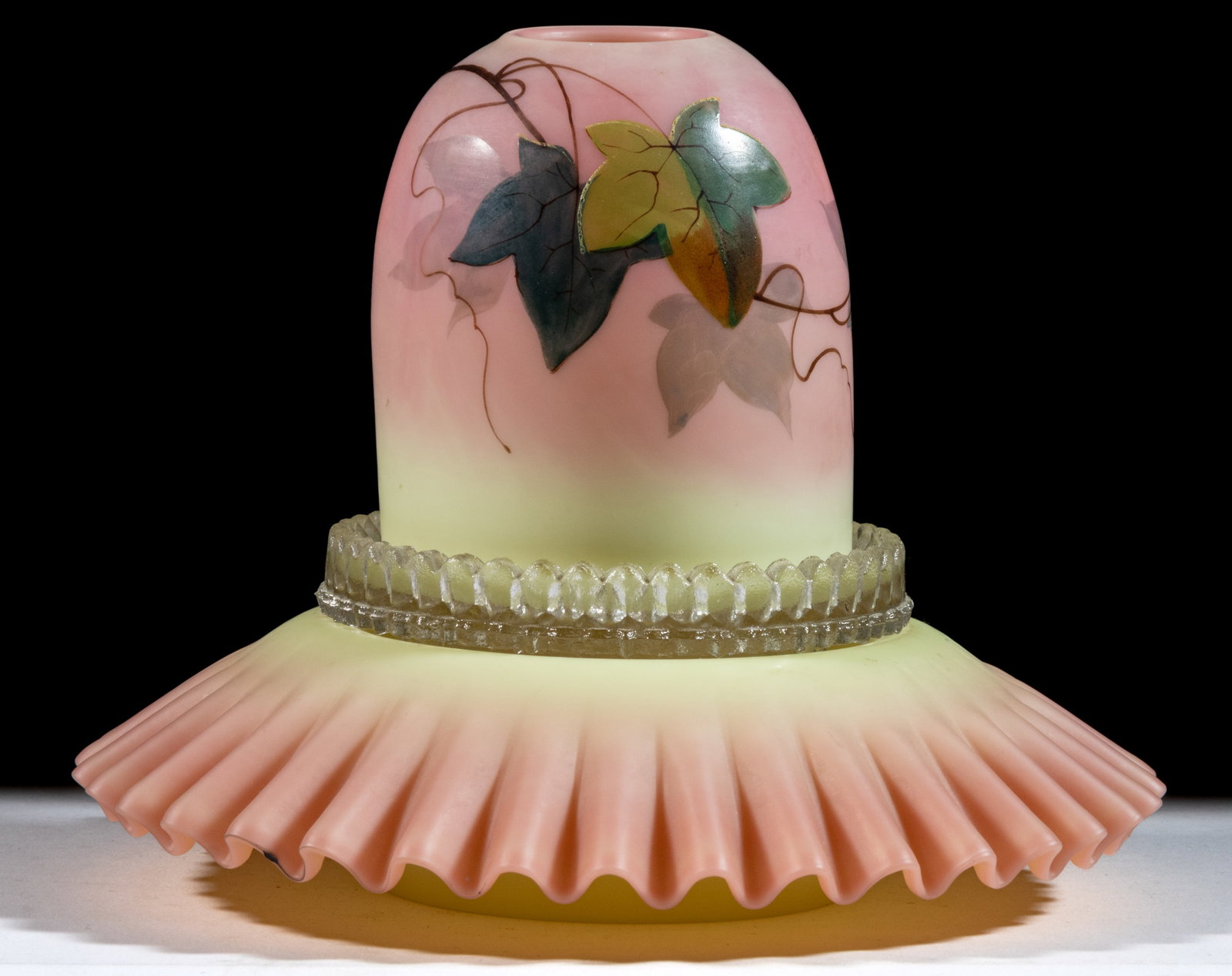 THOMAS WEBB BURMESE "IVY" DECORATED FAIRY LAMP: THOMAS WEBB BURMESE "IVY" DECORATED FAIRY LAMP, plush finish fairy-size decorated dome with decoration, four-part construction comprising the dome fitted on a colorless S. Clarke&#