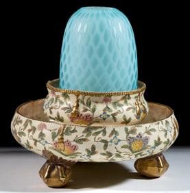 DIAMOND QUILT AIR-TRAP MOTHER-OF-PEARL SATIN GLASS AND ENGLISH DOULTON BURSLEM CERAMIC FAIRY LAMP