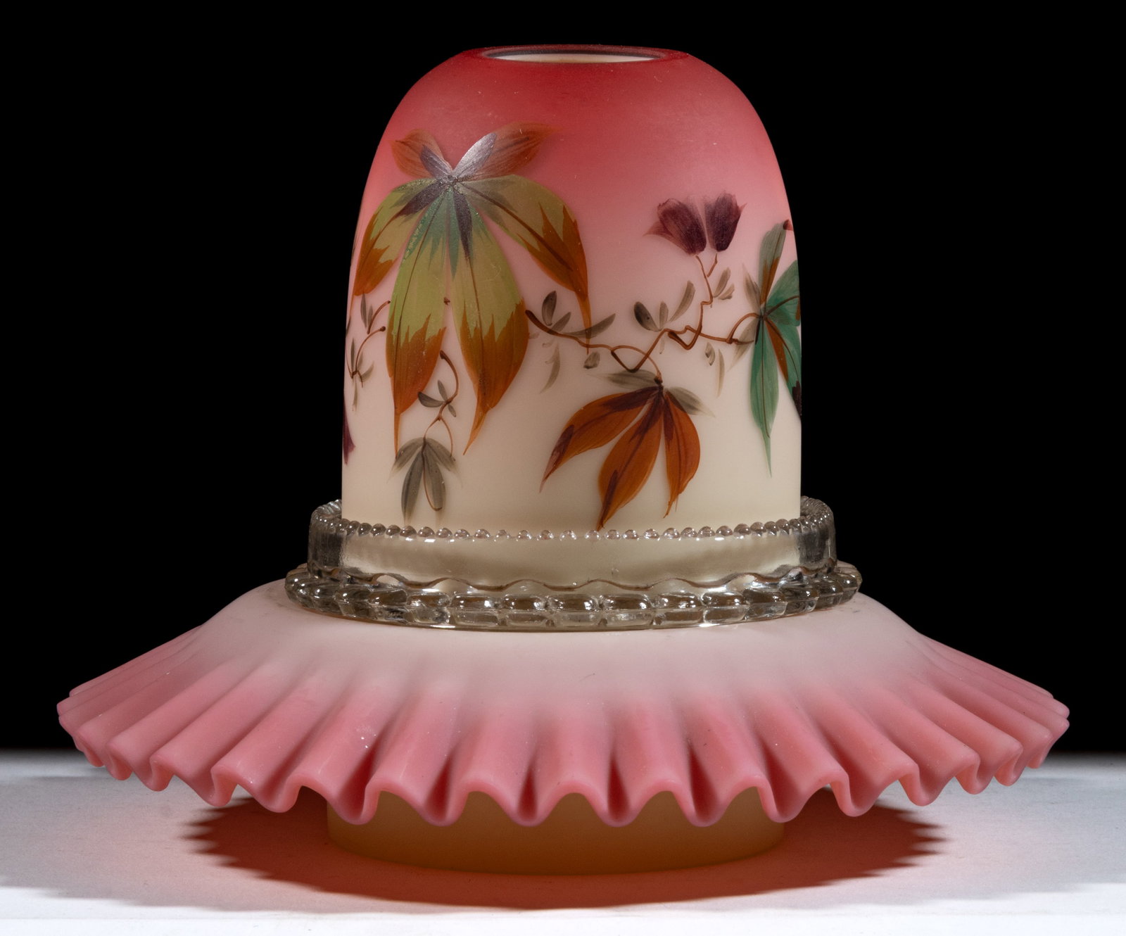 THOMAS WEBB PEACHBLOW "WOODBINE" DECORATED FAIRY LAMP: THOMAS WEBB PEACHBLOW "WOODBINE" DECORATED FAIRY LAMP, plush finish cased peachblow fairy-size dome with decoration, four-part construction comprising the dome fitted on a col