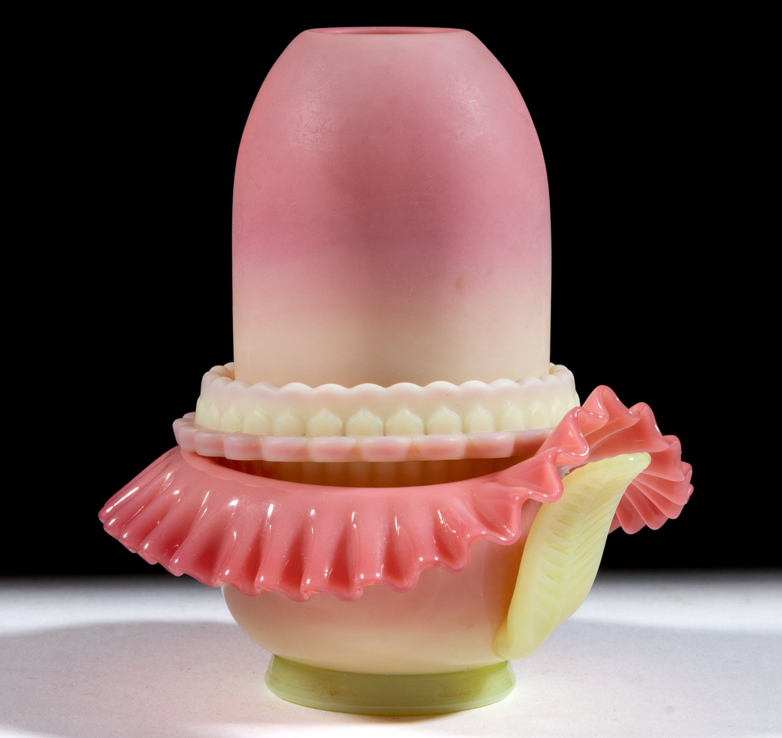 THOMAS WEBB BURMESE FAIRY LAMP MENU HOLDER: THOMAS WEBB BURMESE FAIRY LAMP MENU HOLDER, plush finish pyramid-size dome, three-part construction comprising the dome fitted on a plush finish Burmese Clarke's ribbed patterned candle