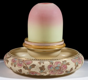 THOMAS WEBB BURMESE GLASS AND ENGLISH TAPESTRY-WARE CERAMIC FAIRY LAMP