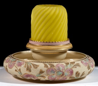SWIRLED RIB SATIN GLASS AND ENGLISH TAPESTRY-WARE CERAMIC FAIRY LAMP