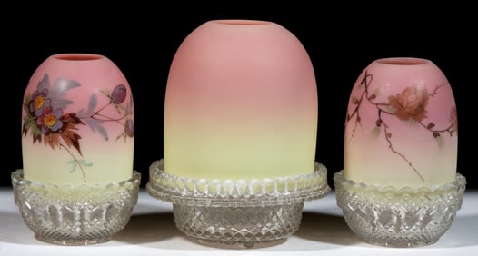 ASSORTED THOMAS WEBB BURMESE GLASS FAIRY LAMPS, LOT OF THREE