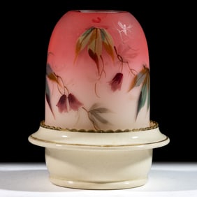 THOMAS WEBB PEACHBLOW "WOODBINE" DECORATED AND CERAMIC TAYLOR, TUNNICLIFFE & CO. FAIRY LAMP
