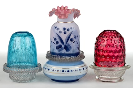 ASSORTED PATTERNED COLORED GLASS FAIRY LAMPS, LOT OF THREE