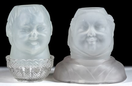 ASSORTED FIGURAL HEADS GLASS FAIRY / NURSERY LAMPS, LOT OF TWO