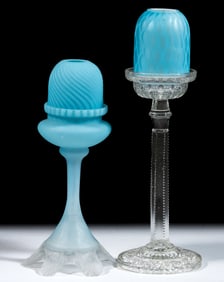 ASSORTED ART AND SATIN GLASS PEDESTAL-FORM FAIRY LAMPS, LOT OF TWO
