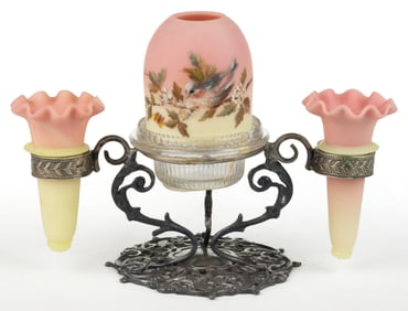THOMAS WEBB BURMESE AND PEACHBLOW DECORATED FAIRY LAMP