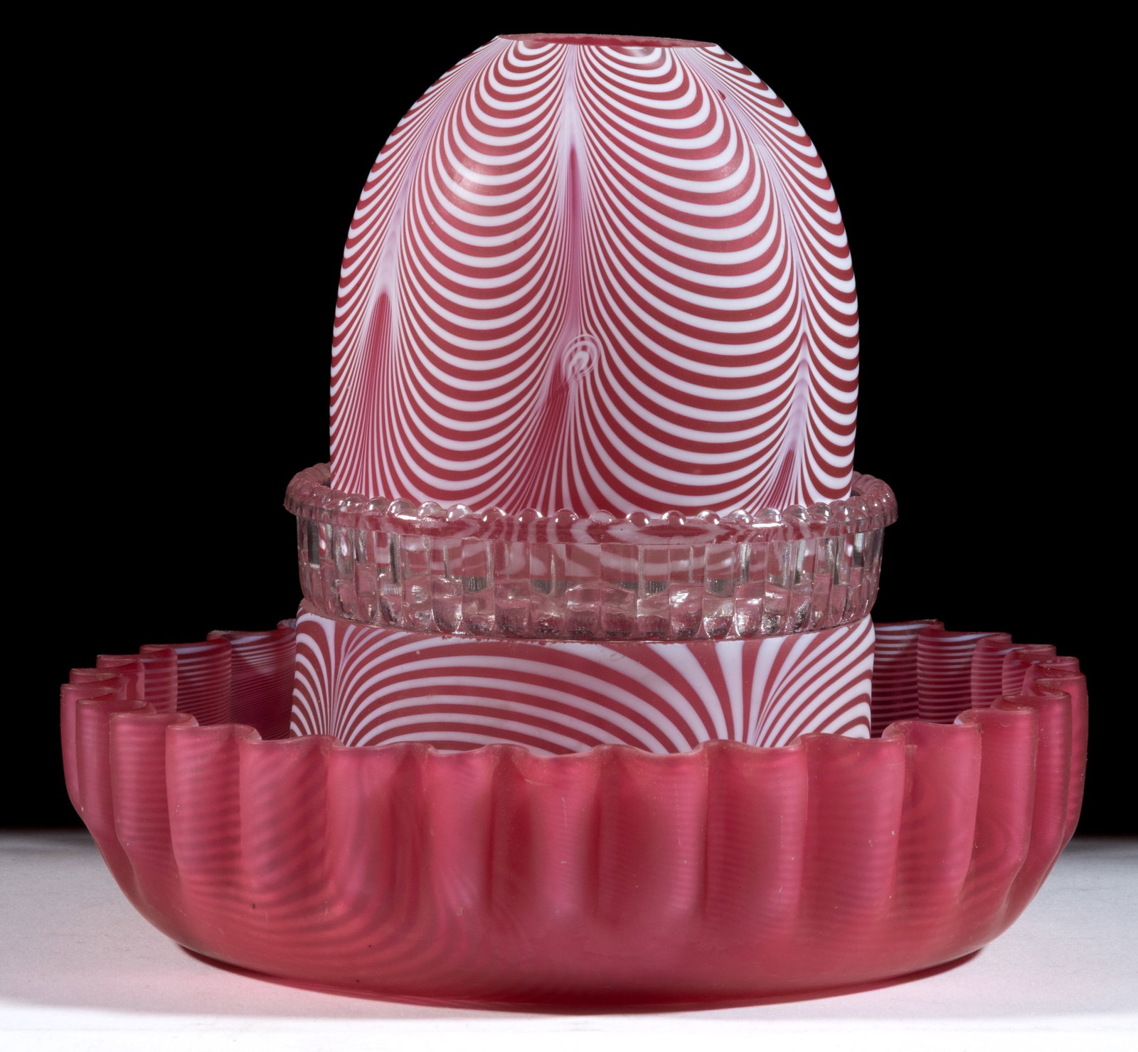 NAILSEA / VENETIAN THREAD FAIRY LAMP: NAILSEA / VENETIAN THREAD FAIRY LAMP, cranberry with six groupings of opal loops, satin finish, fairy-size dome, three-part construction comprising the dome fitted on a Clarke's ribbed&n