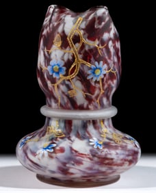 ENAMEL DECORATED SATIN SPATTER GLASS FAIRY LAMP